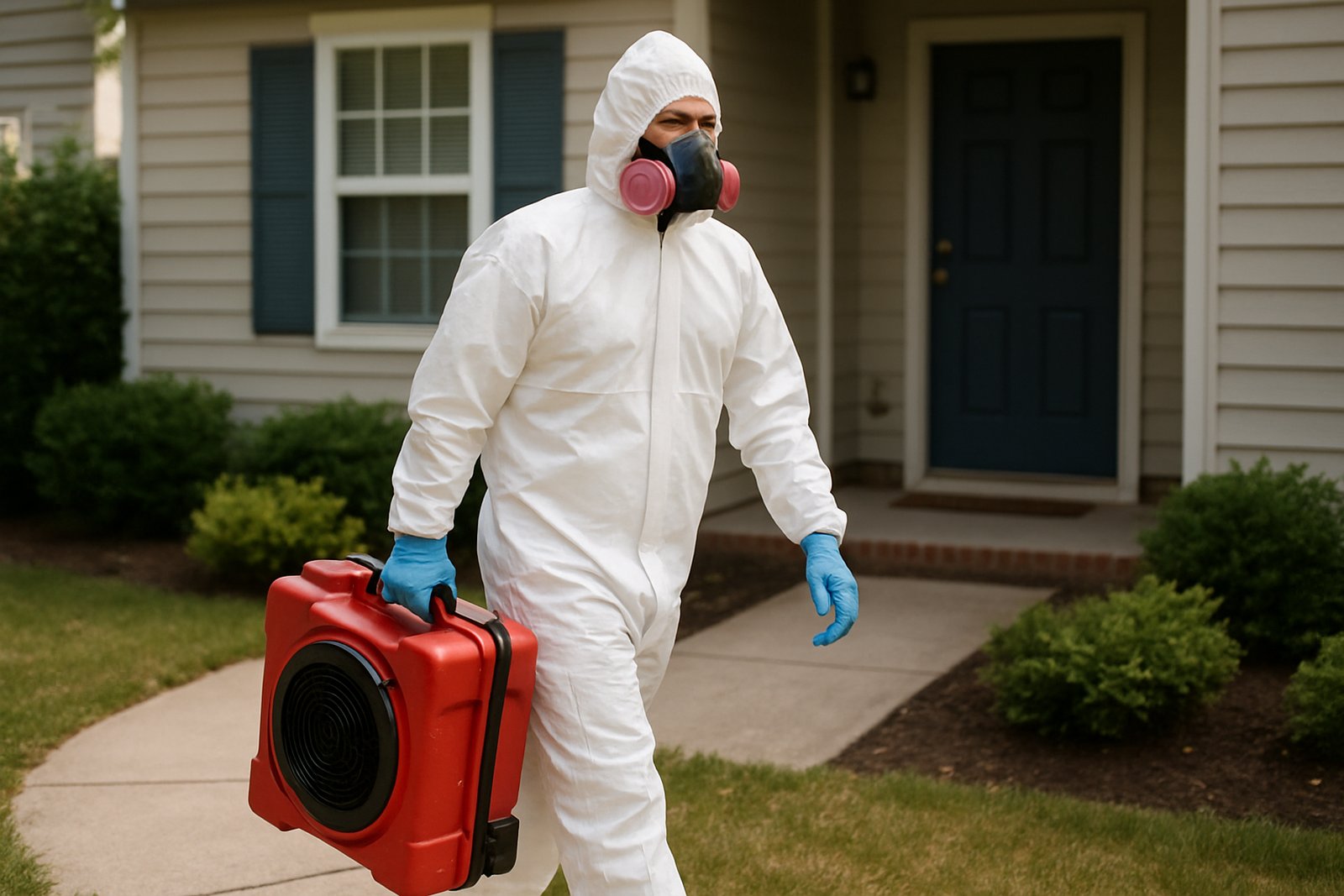 Mold removal crew working inside containment in a home in La Mirada, CA