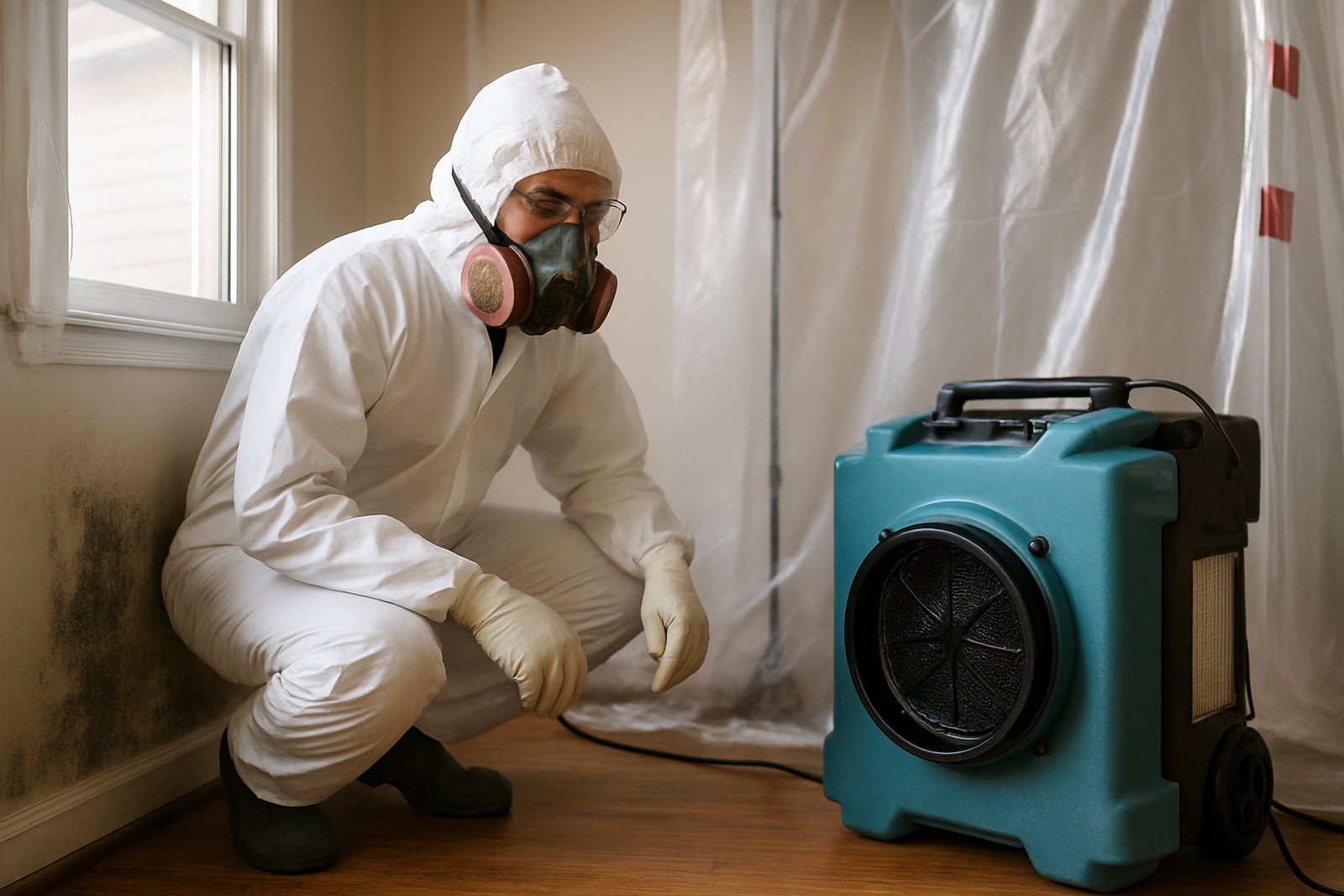 Mold removal services containment and air filtration equipment set up in Los Angeles