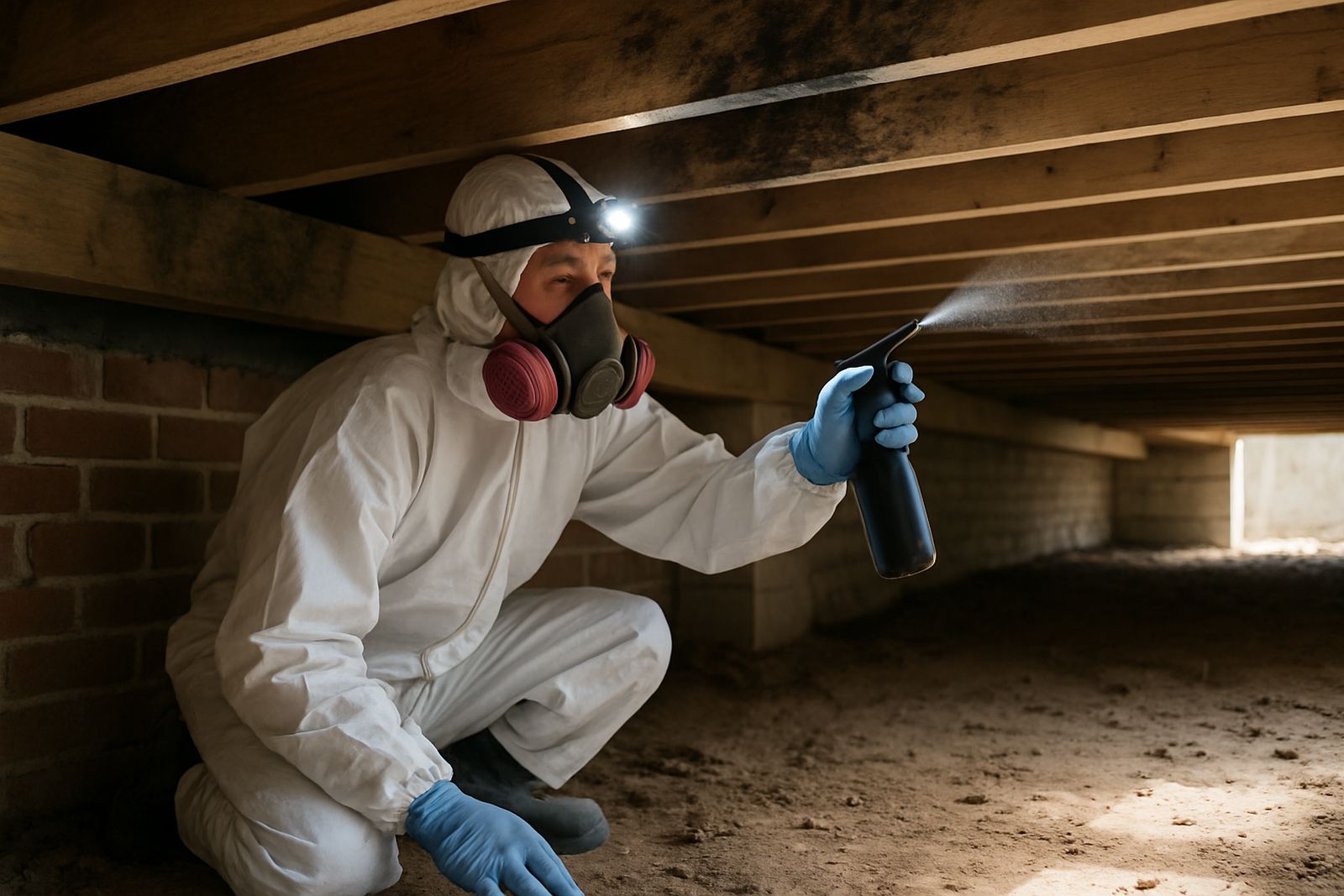 Technician treating mold on floor joists in a Los Angeles crawl space