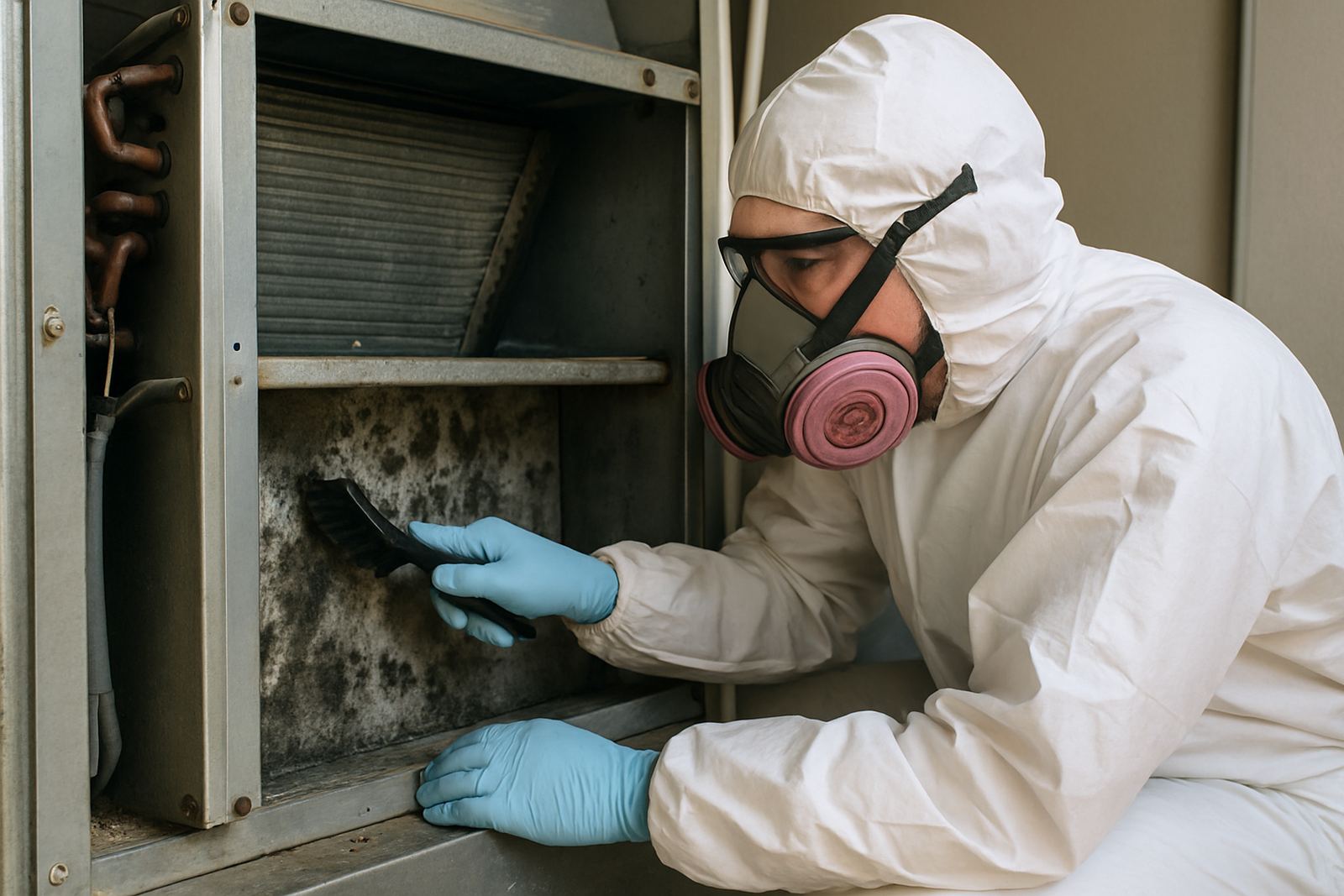 Technician inspecting hvac mold growth inside an air handler in a Los Angeles home