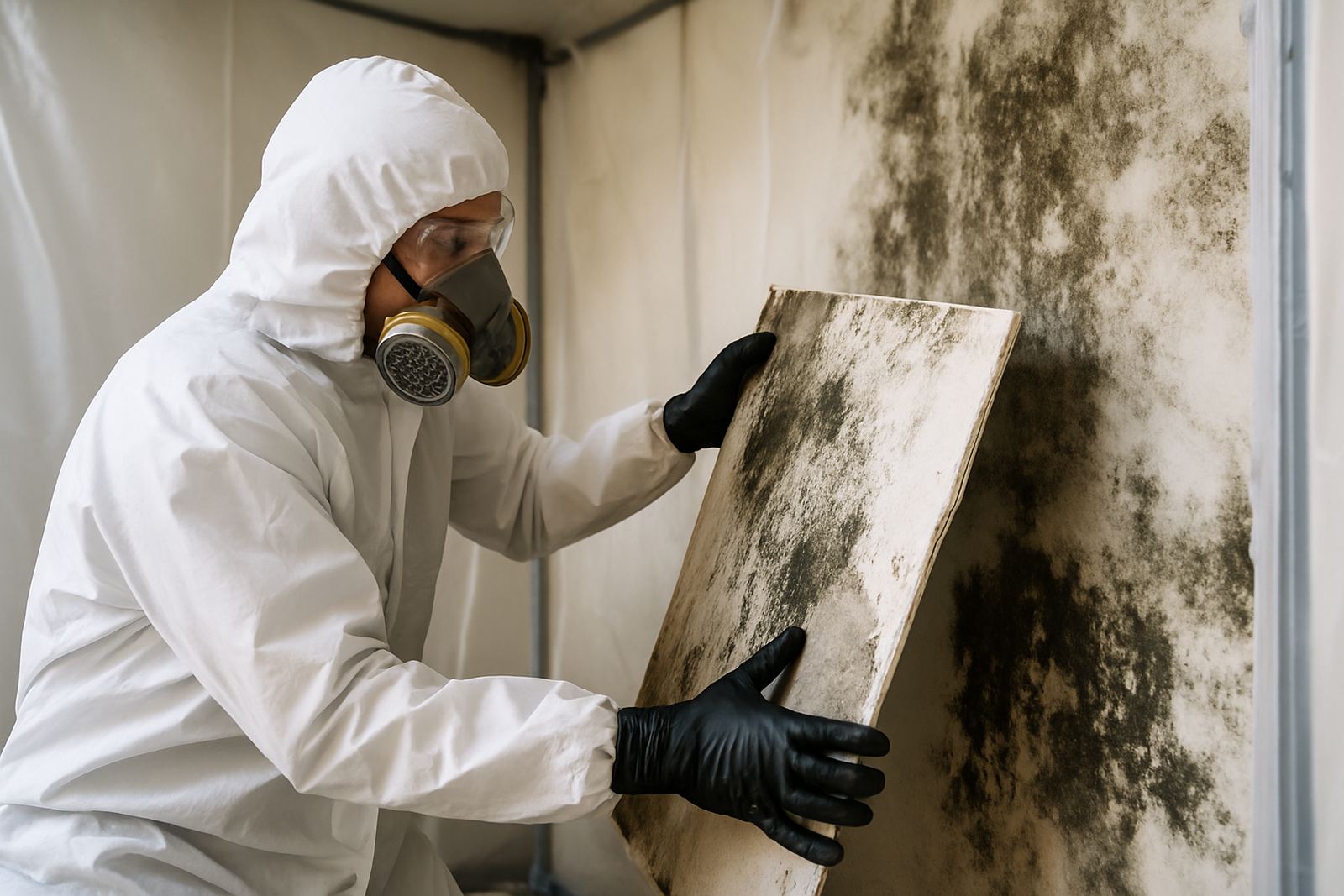 Mold remediation crew removing drywall inside a sealed containment in Los Angeles